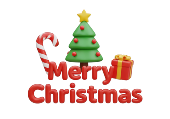 3D Merry Holiday Season Design with Tree, Candy Cane, and Gift Box on Transparent Background, Representing Festive Greetings and Holiday Decorations