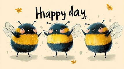 Happy day cute bee sticker beige background light yellow dark black simple design cartoon style