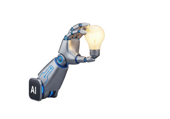 3D Robotic Hand Holding a Glowing Light Bulb on Transparent Background, Symbolizing Artificial Intelligence, Innovation, and Technological Advancement