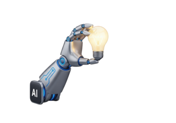 3D Robotic Hand Holding a Glowing Light Bulb on Transparent Background, Symbolizing Artificial Intelligence, Innovation, and Technological Advancement