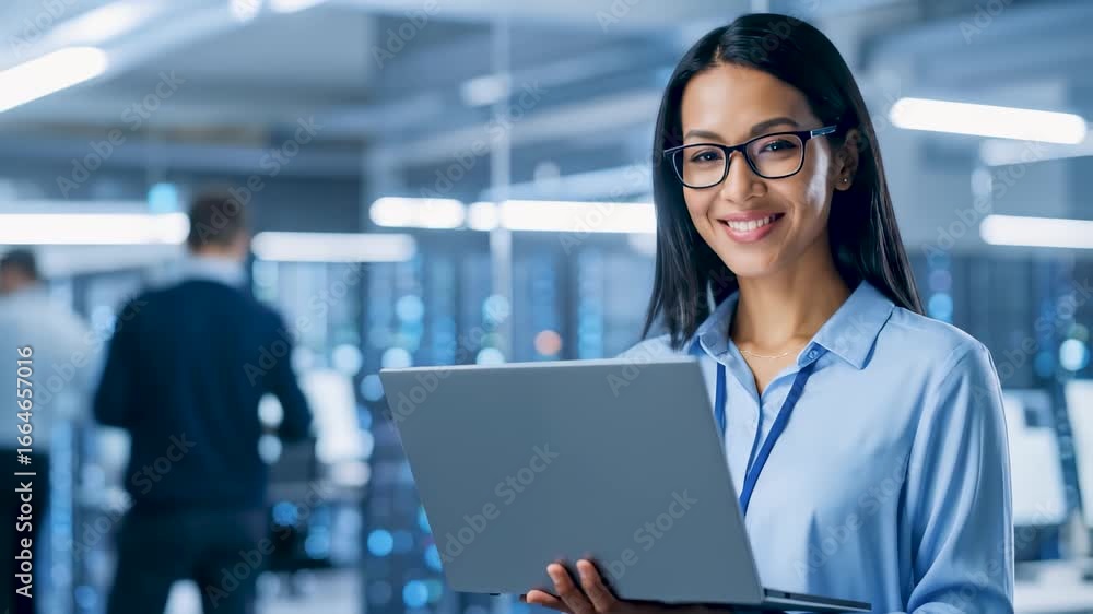 Poster smiling female it specialist with laptop in modern data center, confident software engineer or devel