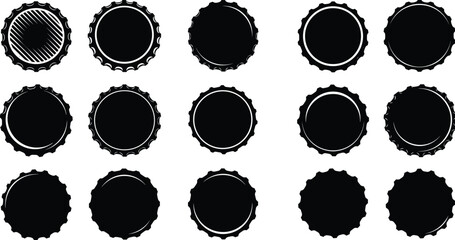 Vector bottle cap silhouette set – black beer caps, soda crown tops, retro seal icons, vintage drink closure illustrations collection
