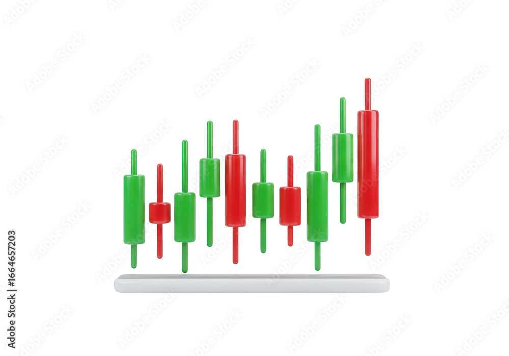 Poster 3d rendering of a stock market chart with red and green candlesticks on a transparent background ide