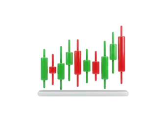3D Rendering of a Stock Market Chart with Red and Green Candlesticks on a Transparent Background Ideal for Finance, Investment, and Business Analysis Projects