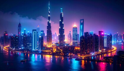 Obraz premium Vibrant Night Cityscape, Illuminated Skyline