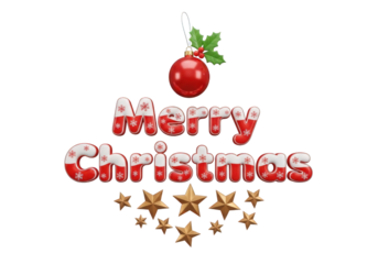 Festive Merry Text with Ornament and Stars A Joyful Composition Featuring Holiday Elements and Sparkling Decorations, Ideal for Seasonal Greetings and Designs