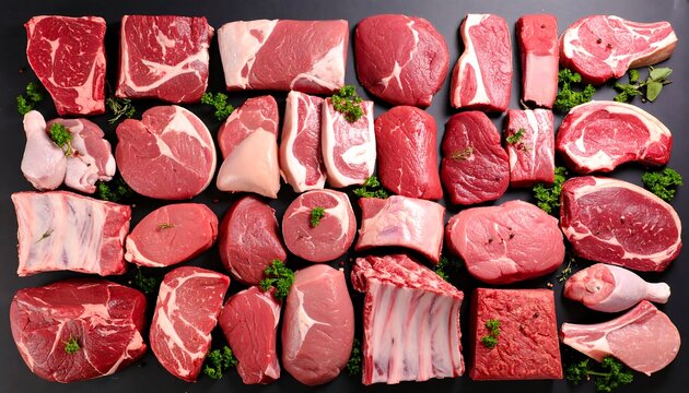 Assortment of various cuts of fresh red meat displayed on a dark surface, highlighted by fresh herbs.