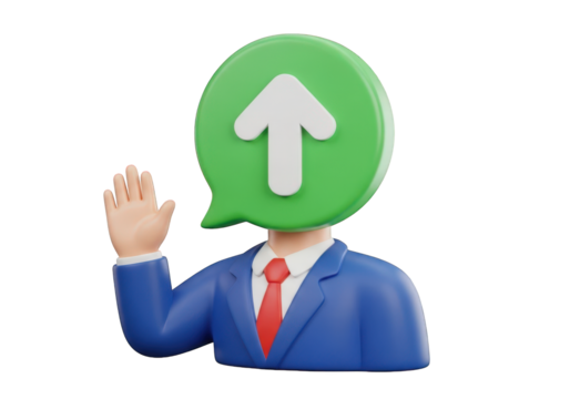 Conceptual 3D Character with Speech Bubble Head and Upward Arrow on Transparent Background, Representing Progress, Communication, and Positive Direction in Business