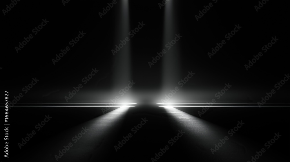 Aufkleber black background with two bright white light beams shining from top corners illuminating empty space