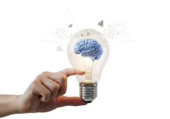 Illuminating Idea Concept Featuring a Hand Holding a Light Bulb with a Brain Inside, Representing Innovation and Creative Thinking on Transparent Backdrop