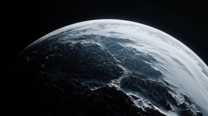 Dark icy planet with gray clouds and snow-covered mountains against black background showcasing frozen extraterrestrial landscape and atmospheric gloom