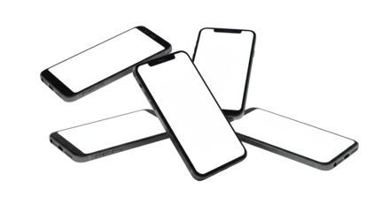 Three to five new, unbranded smartphones with dark frames and blank white screens, dynamically arranged on a transparent studio background with diffused lighting, embodying modern innovation