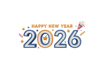 A Cheerful 3D Rendering of 'Happy New Year 2026' with Festive Decorations, Perfect for Greeting Cards and Digital Media to Welcome the Upcoming Year with Joy