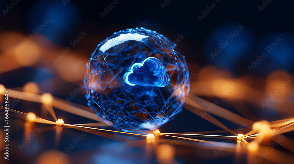 Poster a glowing blue cloud icon inside a transparent sphere surrounded by interconnected orange light node