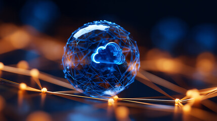 A glowing blue cloud icon inside a transparent sphere surrounded by interconnected orange light nodes symbolizes cloud computing and digital network connectivity