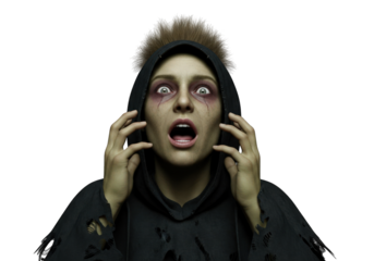 Distressed Woman in Hood 3D Render on Transparent Background, Depicting Fear and Anxiety, Ideal for Mental Health Awareness and Psychological Thriller Designs