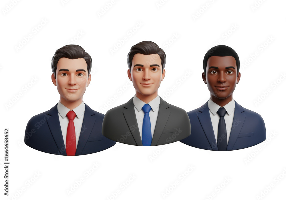 Poster diverse business professionals 3d render with transparent background, featuring three smiling men in