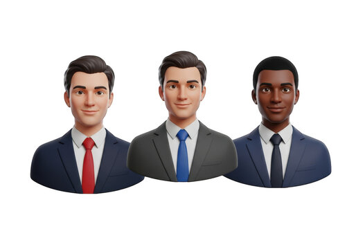 Diverse Business Professionals 3D Render with Transparent Background, Featuring Three Smiling Men in Suits and Ties, Ideal for Corporate Presentations and Web Design Projects