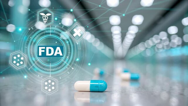 FDA approval concept ,Innovative Digital Overlay Capsule Surface Showcasing  FDA Symbols Pharmaceuticals and Healthcare Technology