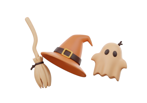 3D Illustration of Witch's Broom, Hat, and Ghost on Transparent Background for Autumn and Halloween Season Decoration and Celebration Elements