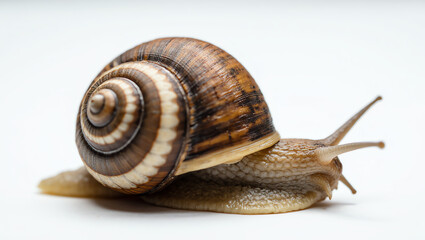 High resolution macro photography of a lifelike snail with spiral textured shell, slimy skin, intricate natural details, and soft lighting on a clean white background.