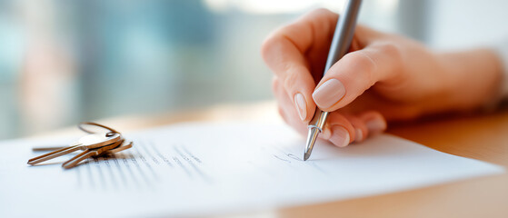 A person signs a document on a desk with a pen, next to a set of keys, indicating a formal agreement or contract signing in a bright, professional setting