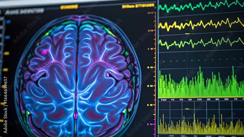 Poster colorful brain scan showcasing vibrant neural activity and data visualization, highlighting advanced