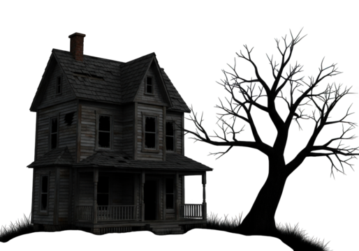 An Eerie Abandoned House with a Bare Tree Against a Transparent Background, Evoking a Sense of Mystery and Decay in a Monochrome Setting
