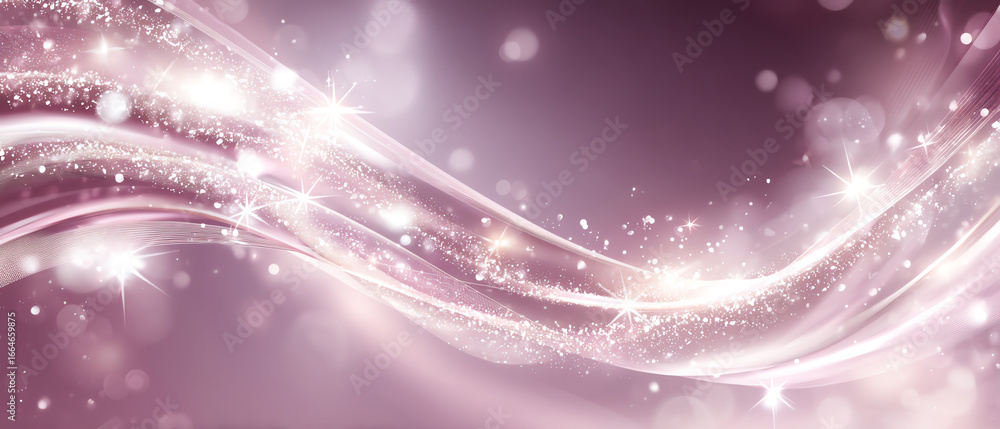 Poster abstract flowing light waves with sparkling stars and glitter on a soft pink and purple gradient bac
