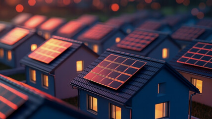 A photorealistic 3D render of a modern residential neighborhood at night, featuring multiple houses with solar panels on their dark gray tiled roofs