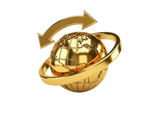 Luxurious Golden Globe with Arrow Orbiting, Symbolizing Global Reach and International Business, Presented on a Transparent Background for Versatile Use