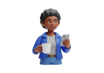 3D Cartoon Businesswoman with Coffee and Smartphone Illustration: A Modern Professional Enjoying a Break, Isolated on Transparent Background for Easy Integration