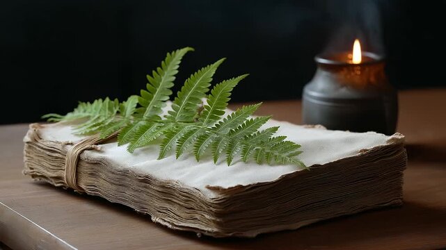 A vintage manuscript binding setup with classic craft tools and lush ferns, creating a spooky Halloween atmosphere with eerie candlelight, haunted mystery and gothic charm.