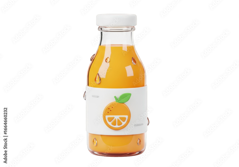 Poster a refreshing 3d render of an orange juice bottle with droplets, featuring a clean label design with 