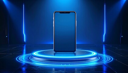 A modern smartphone rests on a glowing circular platform, illuminated by vibrant blue light, creating a futuristic and technologically advanced display.