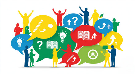 Silhouettes of people in various positions surrounded by concept bubbles containing creative ideas. Suitable for presentations, marketing, brainstorming concepts.