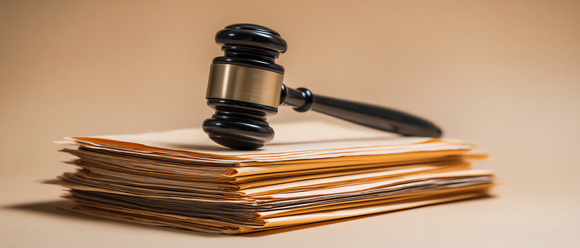 Judge&rsquo;s gavel resting on a stack of legal documents and folders, symbolizing law, justice, and legal proceedings