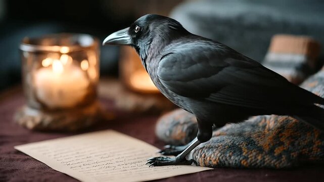 A late-night writing session illuminated by candlelight and inspiring quotes, evoking a spooky Halloween atmosphere with eerie shadows, haunted mystery and gothic charm.