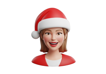 A Cheerful 3D Cartoon Woman with a Red Holiday Hat and Warm Smile, Ideal for Holiday Greetings and Seasonal Design Projects on Transparent Background