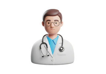 Fototapeta premium A 3D Cartoon Doctor Character with Glasses and Stethoscope, Ideal for Medical Presentations and Healthcare Illustrations on a Transparent Background