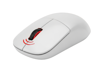 A Sleek White Wireless Computer Mouse with Red Scroll Wheel and Indicator Lights, Perfect for Technology Product Mockups and Design Projects on Transparent Background