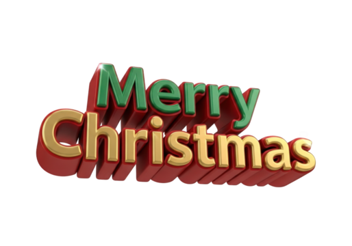 A Festive 3D Rendering of 'Merry' in Green and 'Holiday' in Red and Gold, Perfect for Holiday Greetings and Seasonal Design Projects on Transparent Background