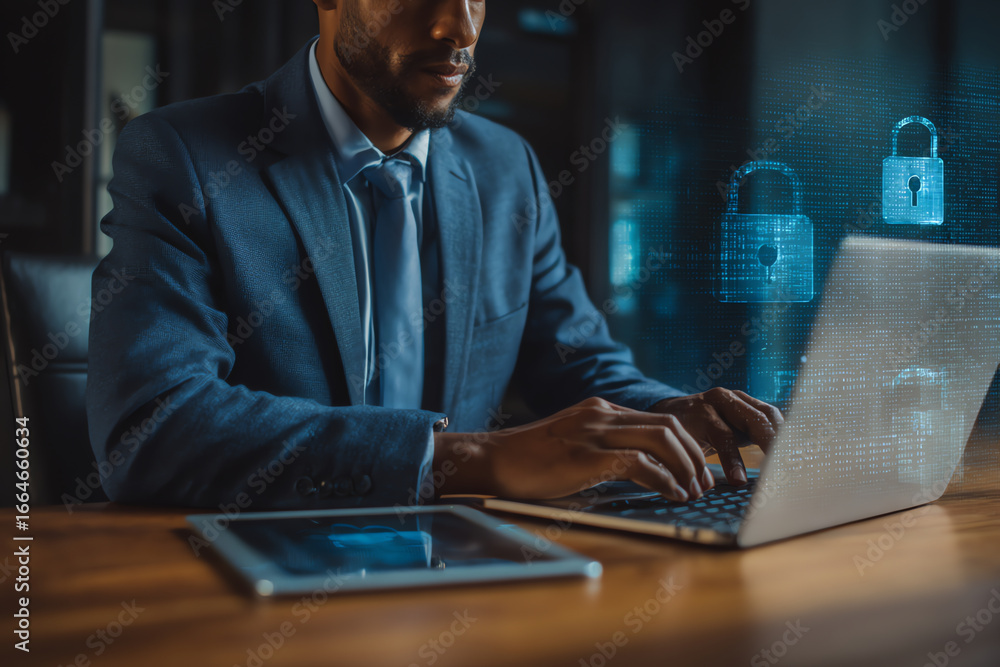 Poster a professional man in a suit types on a laptop at a desk with digital padlocks representing cybersec