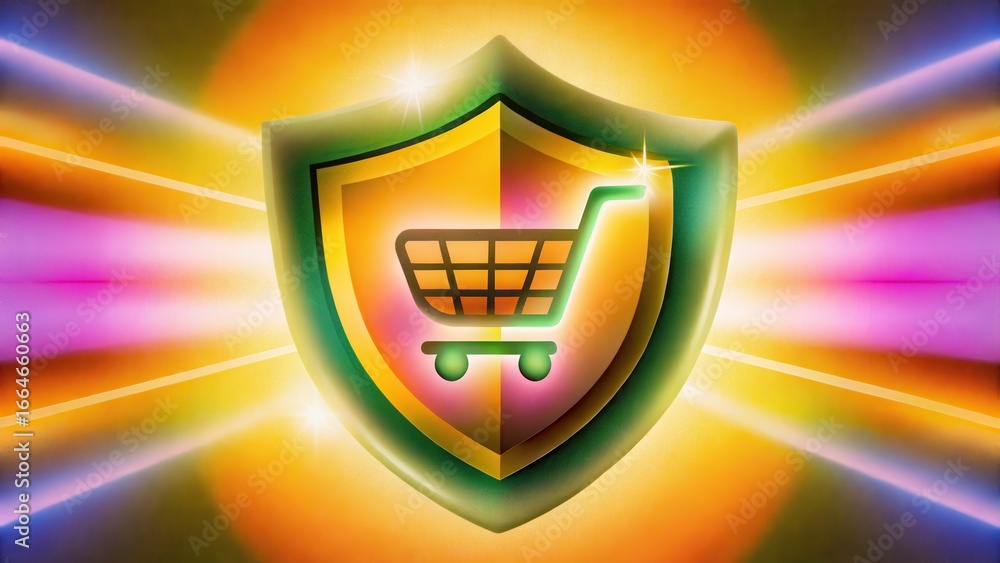 Poster e-commerce fraud protection colorful shield design featuring a shopping cart symbolizing security in
