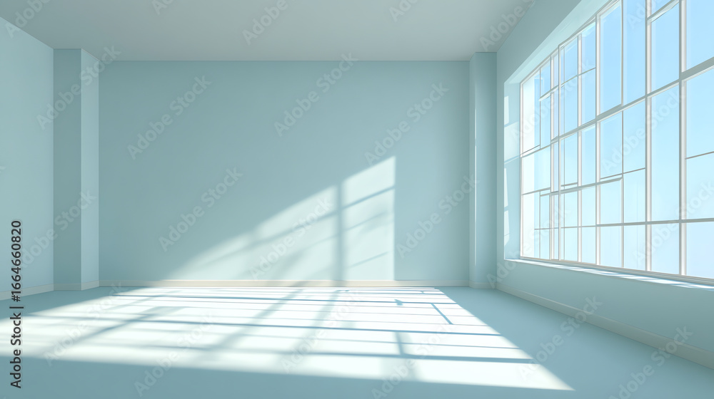 Poster sunlight streams through large grid-patterned windows casting shadows on the empty pale blue room's 