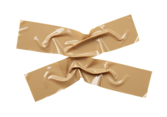 Light brown crumpled adhesive tape with organic folds and reflective creases, isolated on transparent background with high-key lighting, high-angle macro shot for agile solutions concept