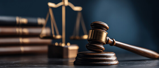 Wooden judge's gavel resting on a sound block with a blurred scale of justice and law books in the background, symbolizing legal authority and the judicial system