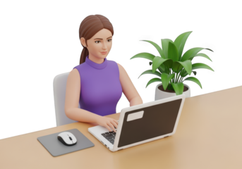 Woman Working on Laptop at Desk with Plant, Illustrating Remote Work and Home Office Setup, Showcasing Productivity and Technology in a Comfortable and Inspiring Environment