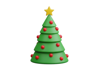 Green Tree with Red Ornaments and Yellow Star, Symbolizing Holiday Season and Festive Decorations, Representing Joy and Celebration with Traditional Holiday Elements on Transparent Backdrop