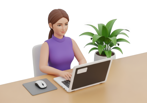 Woman Working on Laptop at Desk with Plant, Illustrating Remote Work and Home Office Setup, Showcasing Productivity and Technology in a Comfortable and Inspiring Environment